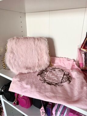 Vintage Juicy Couture Blush Pink 100% Rabbit Fur Crossbody with Gold Chain Strap